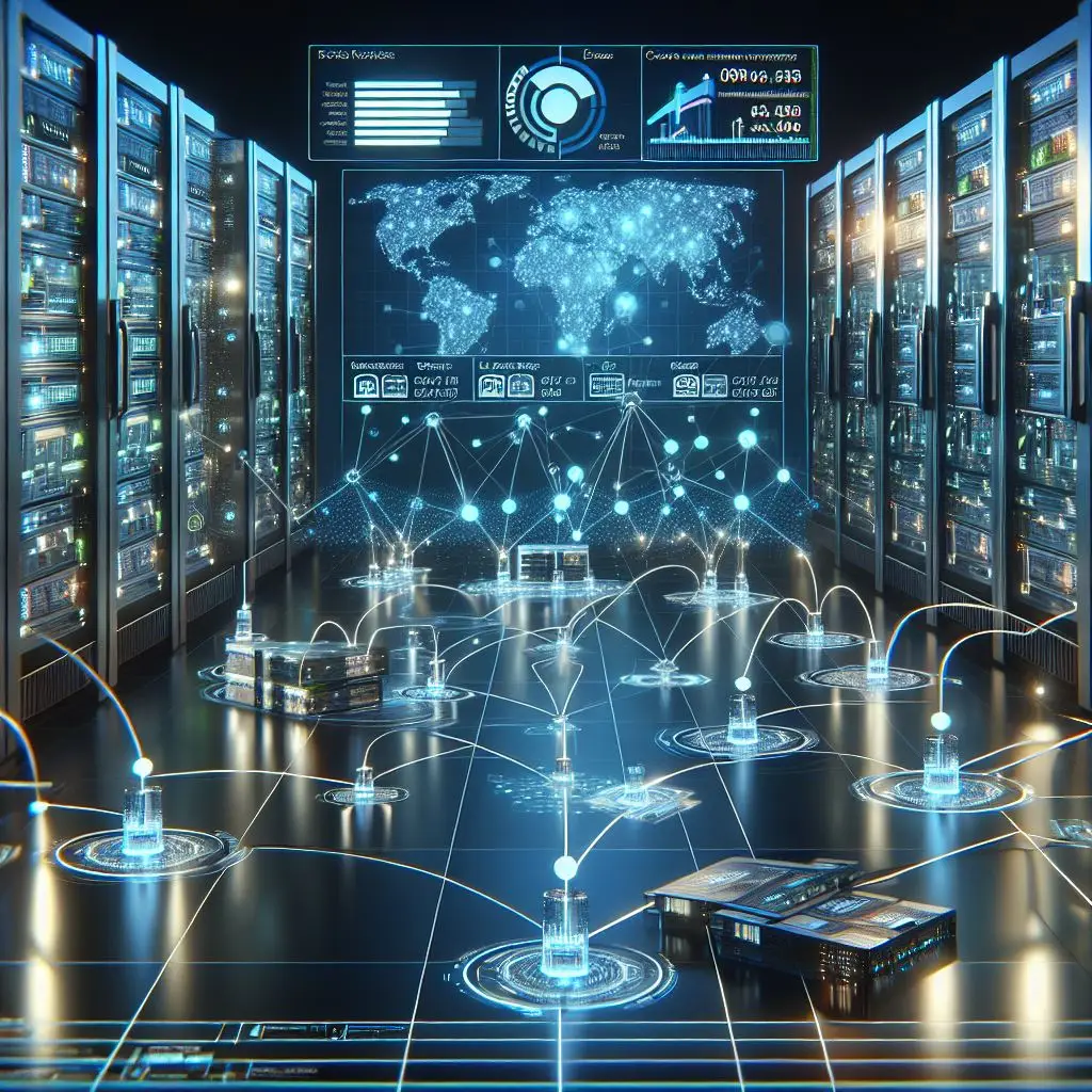 Futuristic and photorealistic image depicting Azure Network Pricing. The image shows interconnected networks with visual representations of costs associated with each network. Various network components are connected through a central hub, with cost indicators highlighting the pricing aspects of Azure’s network services.