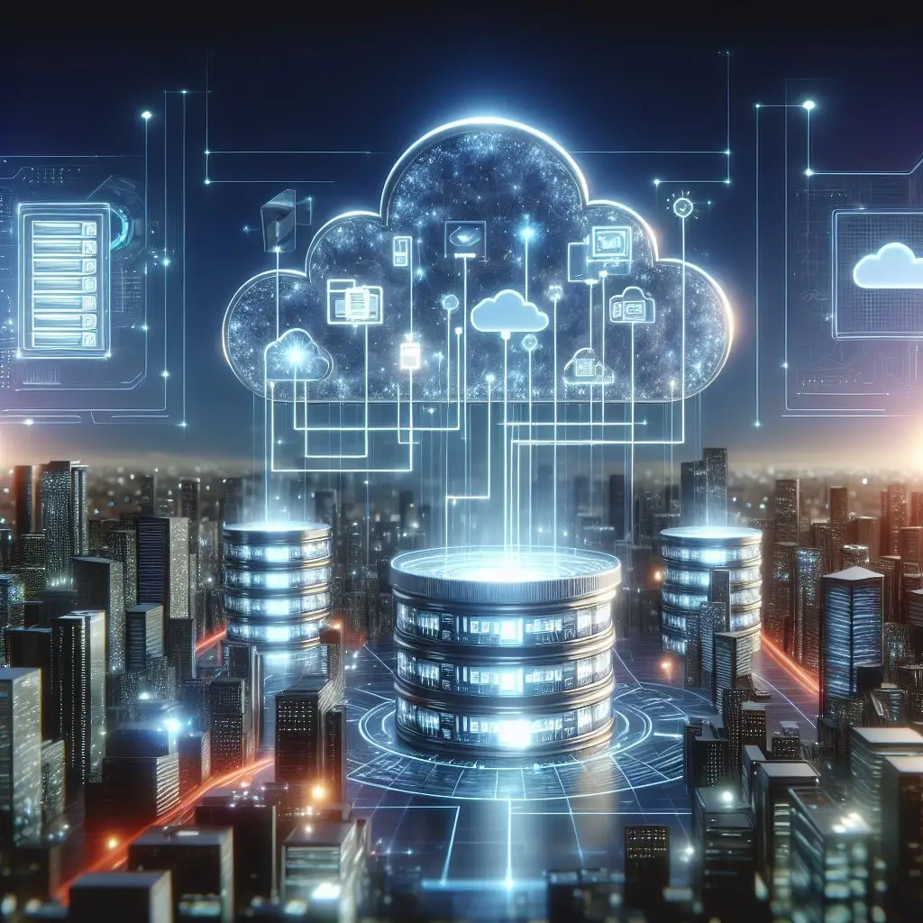 A photorealistic and futuristic image depicting various storage options in the digital cloud for an article on ‘exploring Microsoft Azure Storage Solutions.’ The image features a sleek, modern data center with holographic interfaces displaying different Azure storage services like Blob Storage, File Storage, and Disk Storage. The background includes a vibrant, cloud-filled sky with digital connections symbolizing data transfer and storage in the cloud.