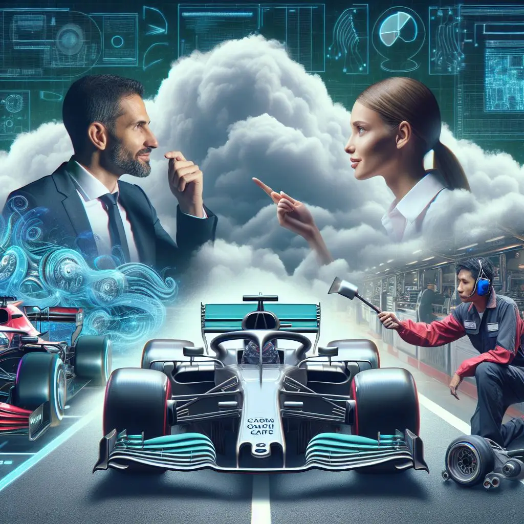 A futuristic scene involving Formula 1 racing, with two cars on a racetrack. The central car prominently displays ‘CLOUD DATA’ on its front wing, while a part of another car is visible on the left side. On the left, a manager symbolizes the strategy part of the Cloud Adoption Framework, and on the right, a female person symbolizes the Well-Architected Framework, focusing on operational excellence. A mechanic is maintaining the car, representing the cloud journey. The background features holographic displays and technical diagrams related to automotive engineering and data analysis.