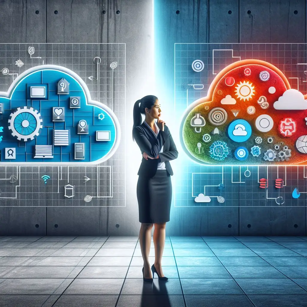 A photorealistic illustration comparing managed and unmanaged environments in Azure. The left side, symbolizing stability and constancy, features people aligned in rows with a structured, orderly appearance. The right side, representing dynamism and agility, shows a more chaotic and free-style arrangement with individuals engaging in flexible activities. The background is themed around Cloud Computing, with a cloud as the backdrop. In the center, a female manager stands, contemplating the two different approaches. The left side is depicted in calm, stable colors, while the right side uses vibrant, dynamic colors.