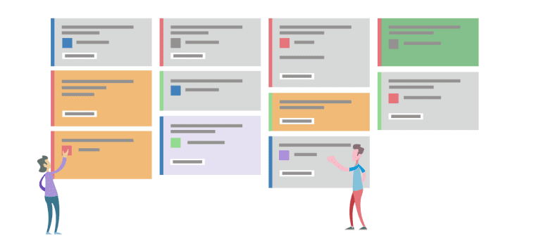 A stylized representation of a Kanban board with six columns, each containing multiple colored cards. Two illustrated figures interact with the board: one on the left is moving a card, and another on the right is pointing at a card. The board is divided into sections representing different workflow stages, illustrating how tasks move through various stages in project management or software development.