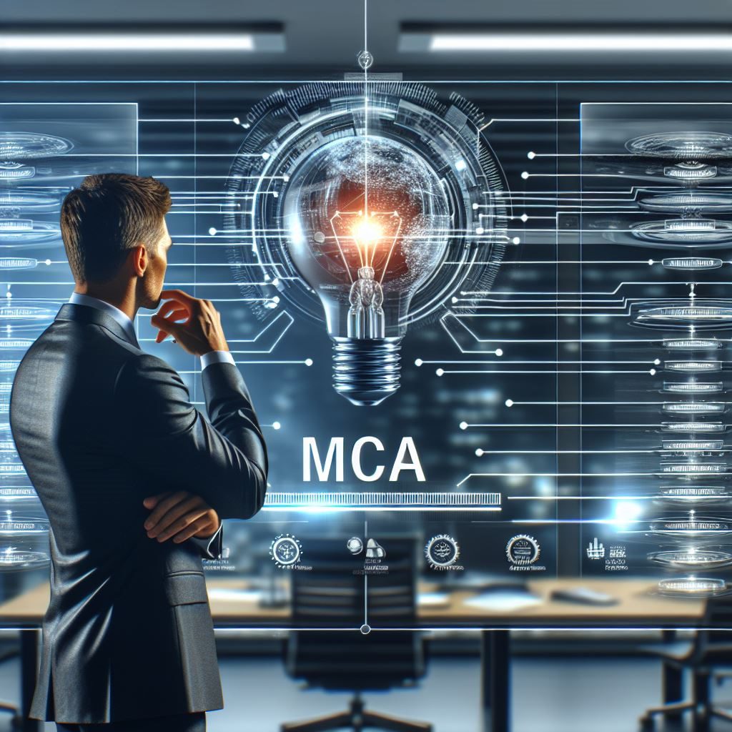 A futuristic scene featuring a male manager in a modern office, looking at a digital whiteboard displaying a detailed billing structure for an organization. The letters ‘MCA’ are prominently highlighted. A lightbulb icon is also visible, symbolizing a new idea for organizing bills.