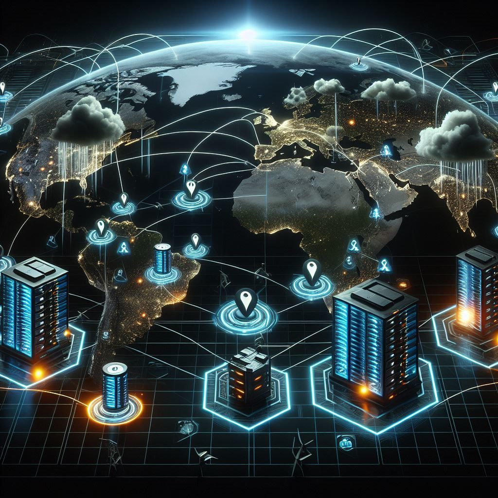 Futuristic image showing multiple datacenters around the globe interconnected and sending data. One region is depicted as down due to a disaster, while other regions remain operational. User proximity to certain regions is highlighted, illustrating the resilience and redundancy of multi-region capabilities in Microsoft Azure.