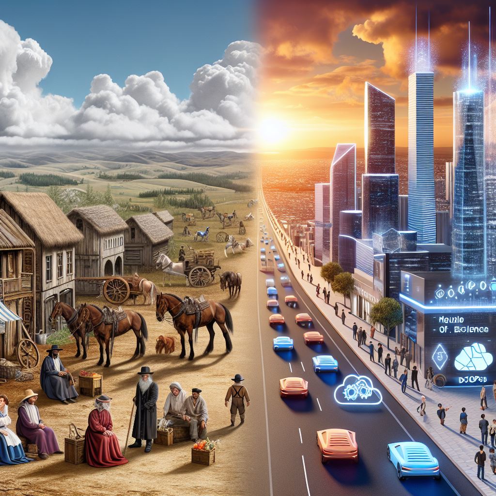 A photorealistic illustration showing the transition from traditional on-premises operations to a modern, cloud-centric approach. On the left side, the image depicts an old-fashioned scene with people using horses for transportation, symbolizing outdated methods. On the right side, a futuristic and vibrant scene showcases advanced technology and infrastructure, representing the adoption of Cloud Center of Excellence (CCoE), DevOps, and Site Reliability Engineering (SRE) practices. The contrast highlights the evolution towards a more efficient, scalable, and innovative future.