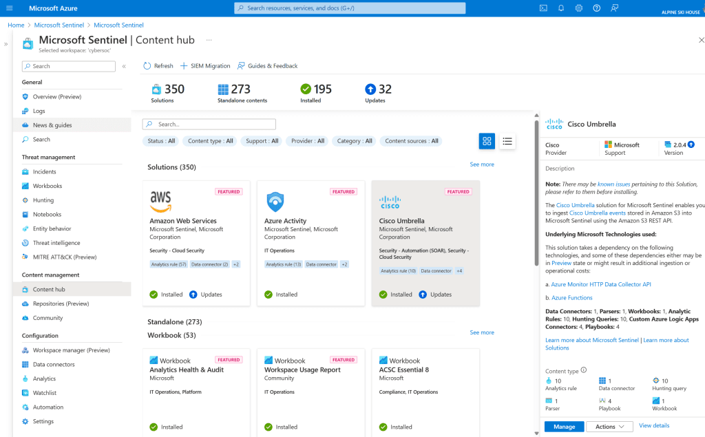Screenshot of the Microsoft Sentinel Content Hub blade in the Azure portal, showing various solutions available for integration.