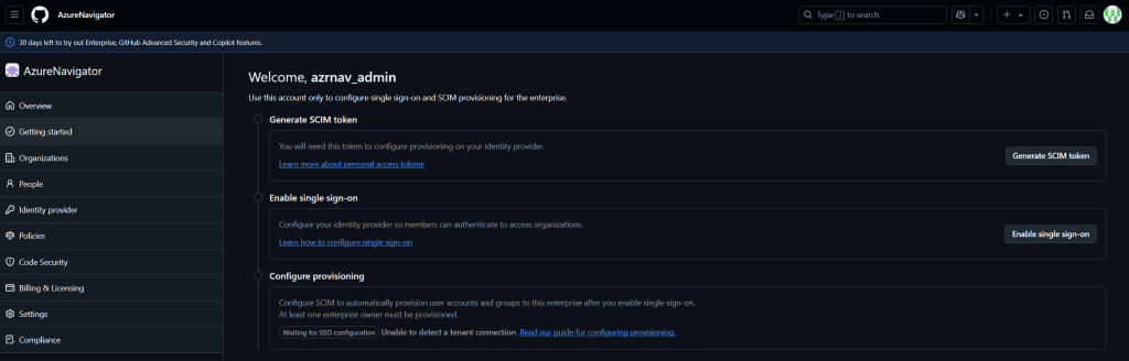 This image shows the admin login screen in the "Getting started" section, where the user needs to generate the SCIM token. The screen prompts the admin to log in and proceed with the token generation process.