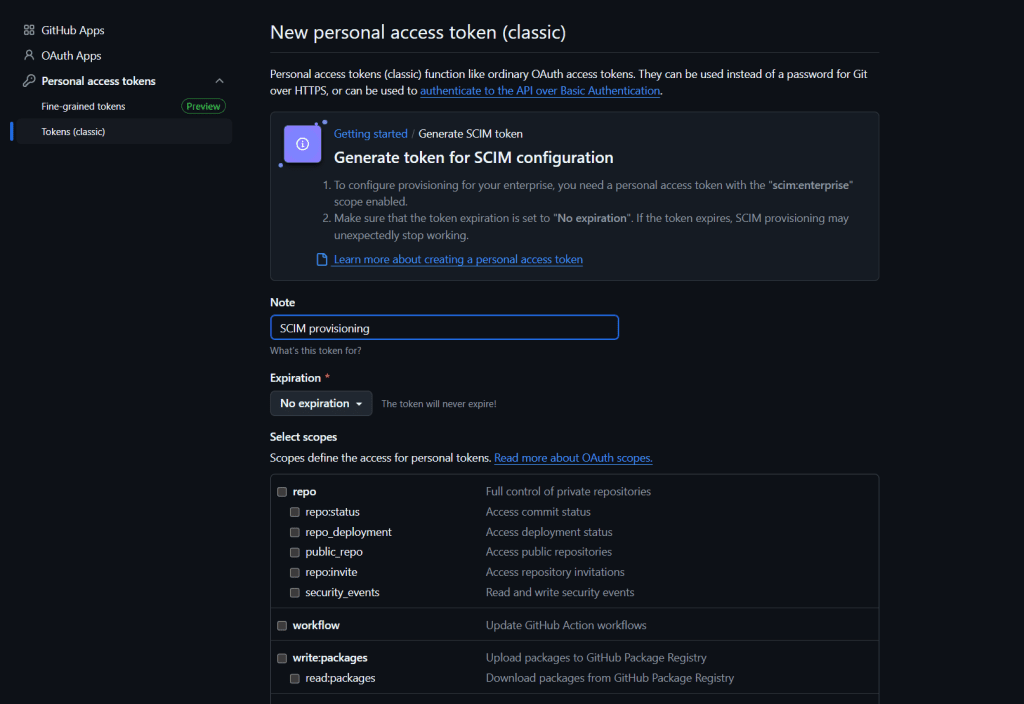 This image displays the tab for creating a new SCIM personal access token (classic). The user is guided through the steps to generate a new token, ensuring secure access and management of SCIM resources.