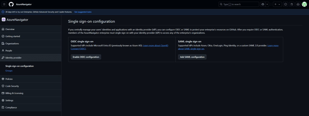 This image shows the single sign-on configuration screen, where the user needs to select the OIDC single sign-on option. The screen provides various options for configuring single sign-on, and the user is guided to choose OIDC for secure authentication.