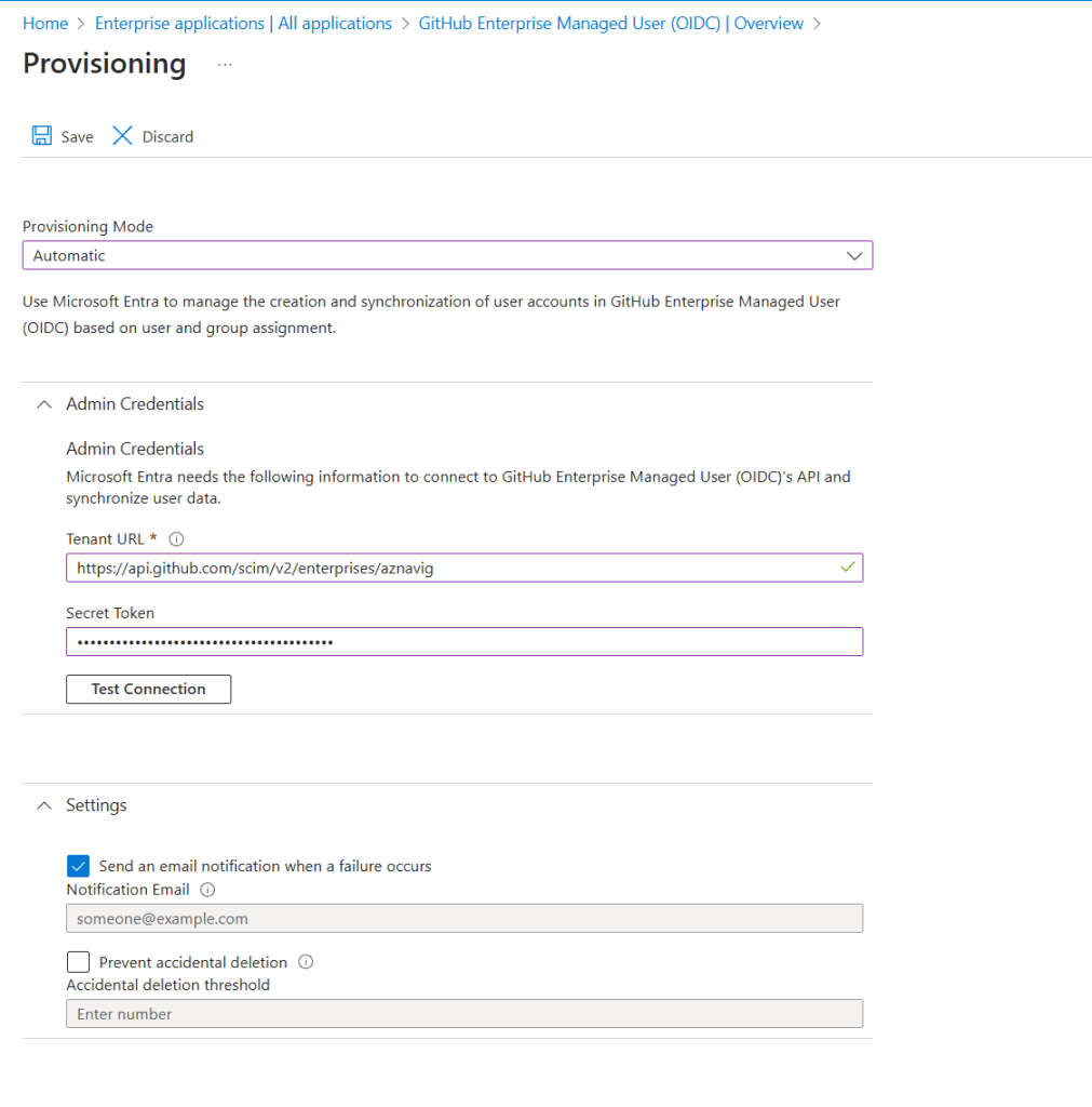 This screen displays the configuration settings for the GitHub Enterprise Managed User (OIDC) enterprise application. The user is prompted to enter the tenant URL and the secret token to complete the setup. The interface includes fields for inputting these details, ensuring secure and accurate configuration for the enterprise application.
