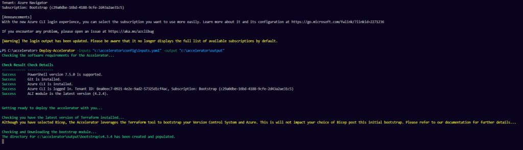 Screenshot of the terminal in Visual Studio Code displaying the output after executing the deploy-accelerator command. The terminal shows the initialization process and the beginning of the deployment sequence.