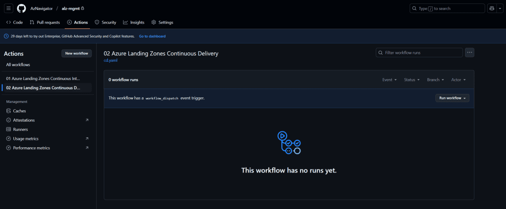Screenshot displaying the '02 Azure Landing Zone Continuous Delivery' workflow within the 'alz-mgmt' repository. The interface shows the workflow name and its status, indicating that it is part of the continuous delivery process for the Azure Landing Zone.