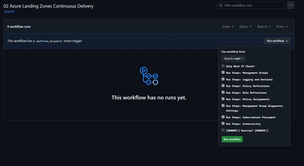 Screenshot showing the individual steps of the '02 Azure Landing Zone Continuous Delivery' workflow in the 'alz-mgmt' repository. The steps are modular, and some can be excluded or even existing resources destroyed. The interface provides options to manage each step, highlighting the flexibility of the workflow.