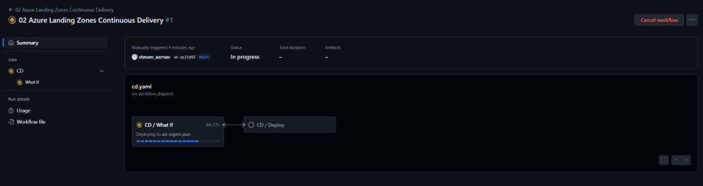 Screenshot showing the progress of the cd.yaml file as it prepares the deployment. The interface indicates that approval is required before proceeding to the next steps. The status bar shows the current progress and highlights the pending approval stage.
