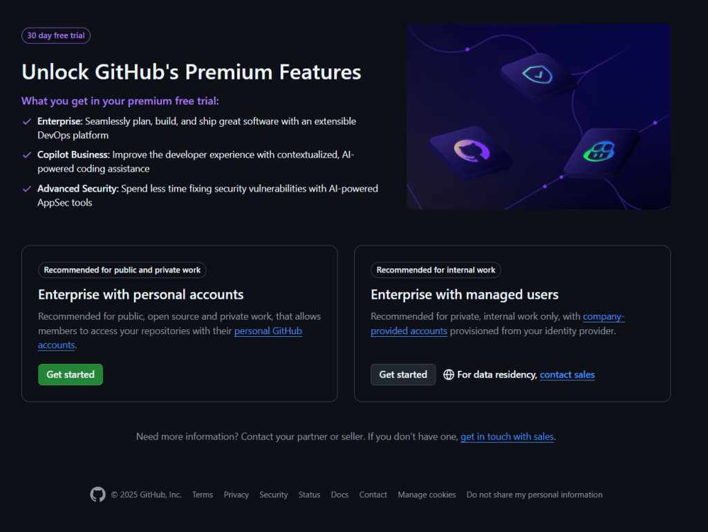 This image shows the process of activating GitHub Premium Features. The user is prompted to select the "Enterprise with managed users" option to proceed.
