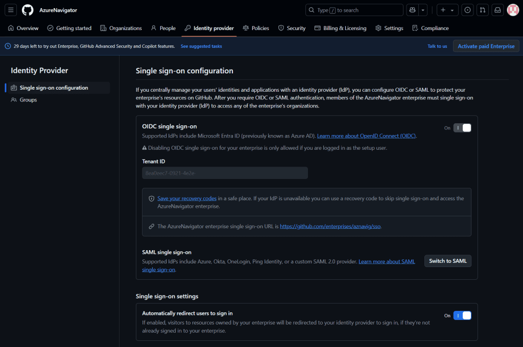Screenshot of the single sign-on configuration for OpenID Connect (OIDC) showing the option to automatically redirect users to sign in. The interface includes fields for client ID, client secret, and redirect URI, along with a checkbox to enable automatic redirection for user sign-in.