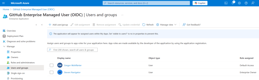 This image displays the users and groups associated with the GitHub Enterprise Managed User (OIDC) enterprise application. These users and groups are set to be synced to GitHub, ensuring that the right individuals have access to the necessary resources. The interface shows a list of users and groups, along with options to manage and configure their synchronization settings.