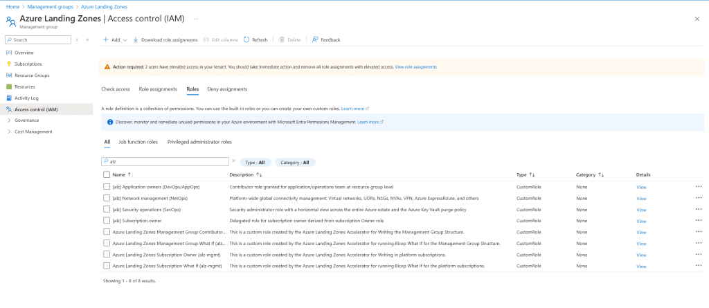 Screenshot displaying the custom RBAC role definitions imported by the Azure Landing Zone RBAC module. The image highlights the specific roles that have been defined and imported, showcasing the customization capabilities of the Azure Landing Zone RBAC module.