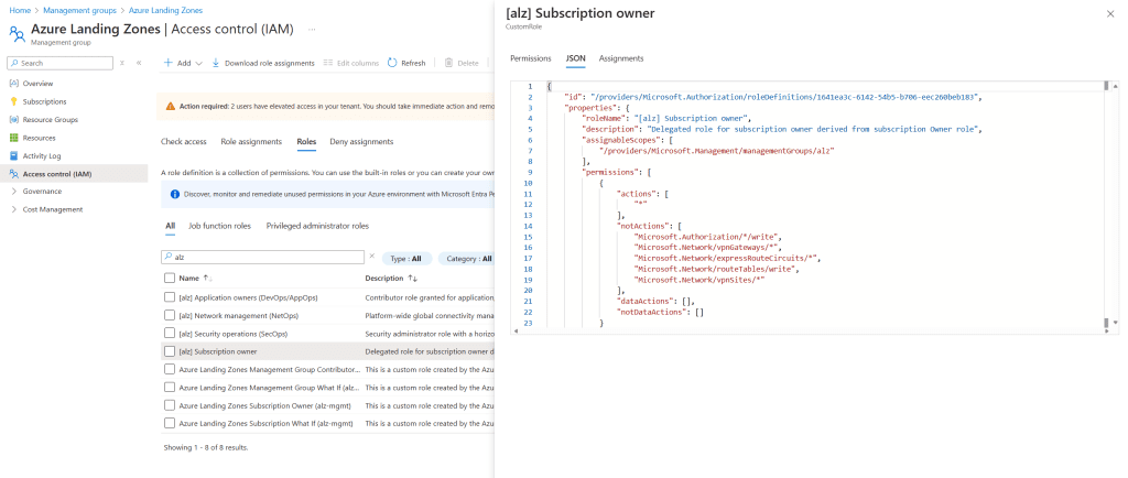 Screenshot displaying the permissions for the Custom RBAC role [alz] Subscription owner. The image highlights the specific permissions assigned to this custom role, showcasing the detailed access controls and capabilities granted to the subscription owner within the Azure environment.